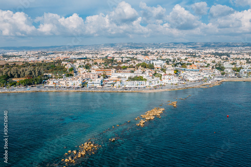 Aerial view of Paphos embankment from water. Famous Cyprus mediterranean resort. © DedMityay