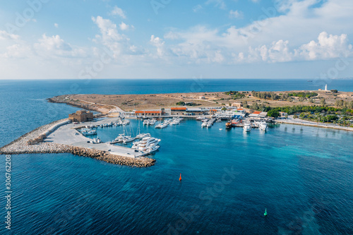 Cyprus. Paphos castle aerial view from drone. Medieval port castle in harbour on Mediterranean coast, now museum, famous tourist place.