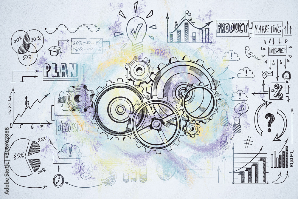 Fototapeta premium Drawing cogwheel and business sketch