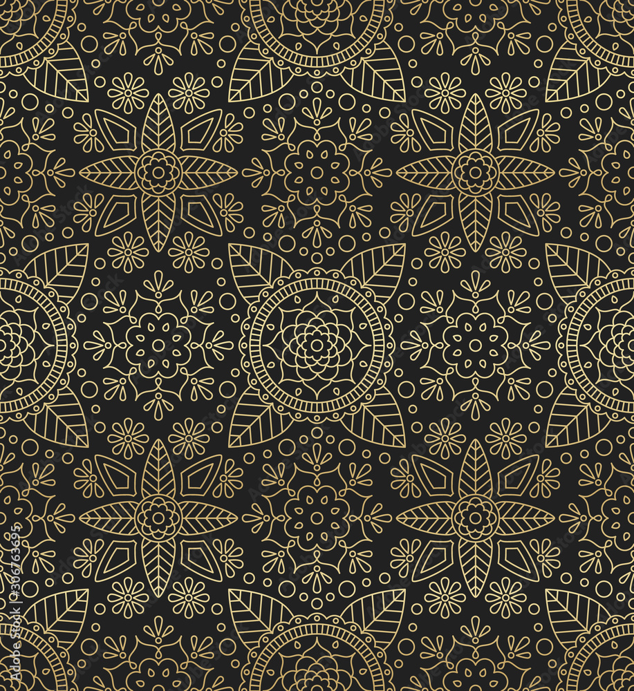 Seamless pattern with mandala, flower and leaf in Oriental motifs
