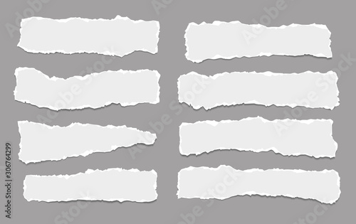 Pieces of torn horizontal white paper with soft shadow are on dark grey background for text. Vector illustration