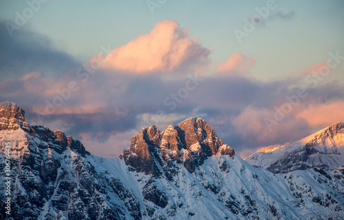 Mountain portrait Birnhorn Saalbach sunset purple light clouds reflecting the mountainscape