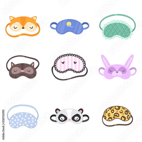 Sleeping masks of different types, colors and shapes vector illustration