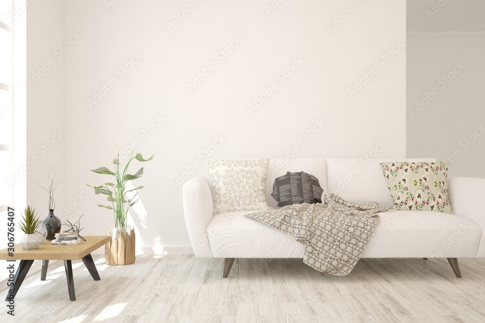 Naklejka premium Stylish room in white color with sofa. Scandinavian interior design. 3D illustration