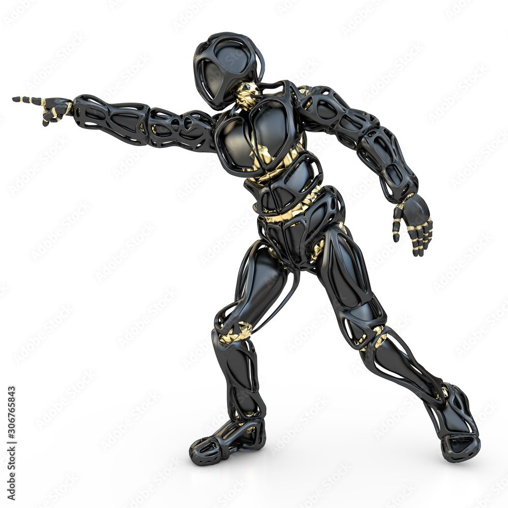 schwarzer humanoider Roboter zeigt etwas