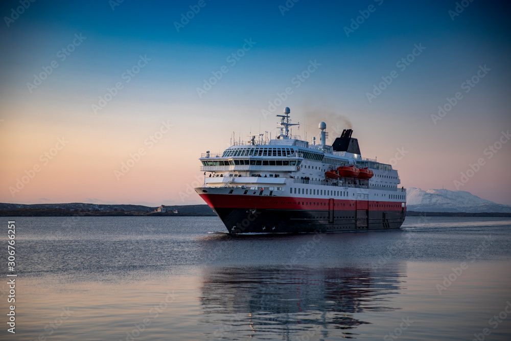 The coast passenger ships arrive at Brønnøysund harbor, Nordland county