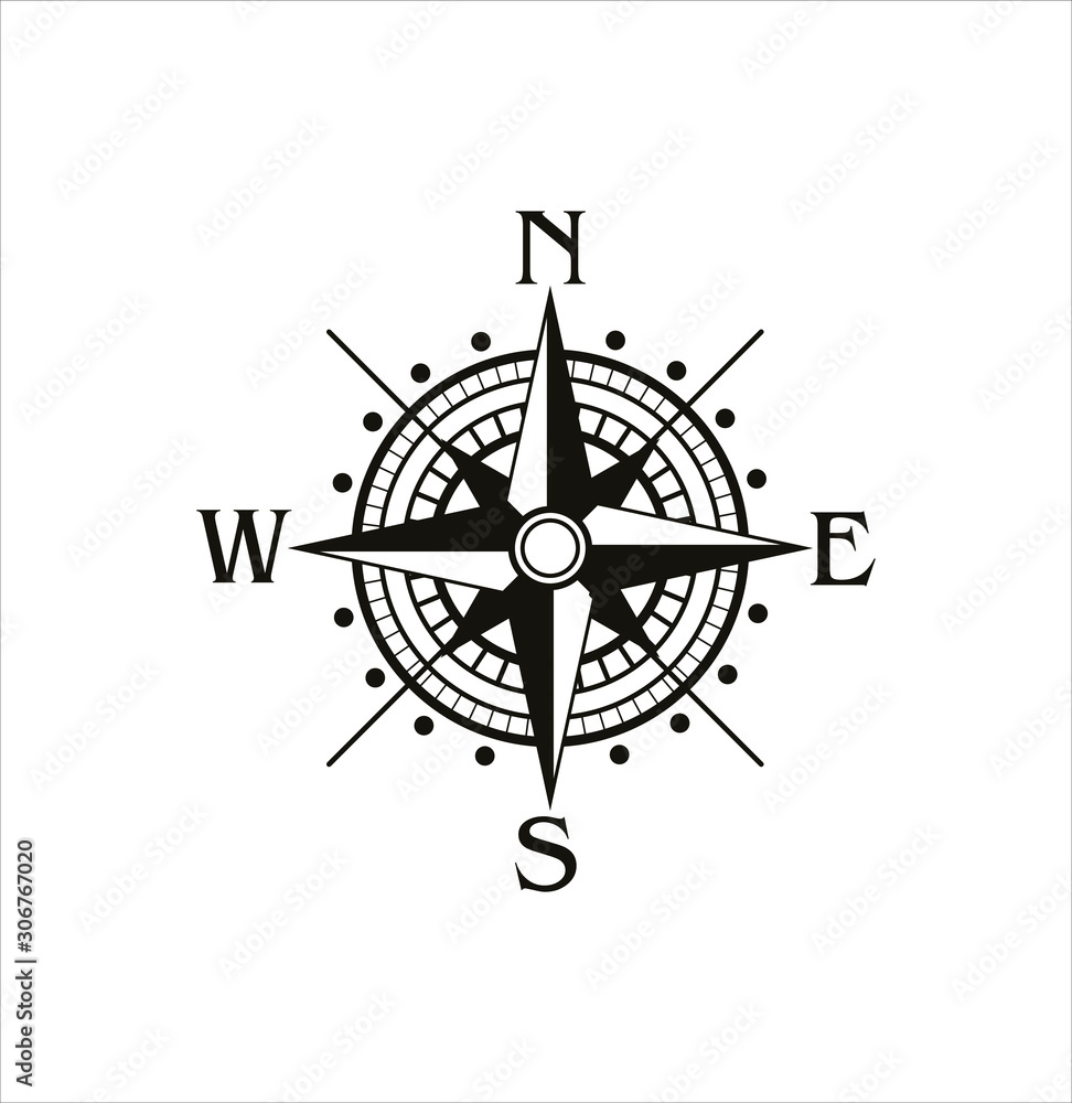 Black compass on isolated background. Modern travel icon. Navigation equipment. Design element with star shape. Wind icon. Vector symbol. Black compass on isolated background. Modern travel icon. Navigation equipment. Design element with star shape. Wind icon. Vector symbol.