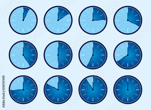 Pack d'icônes vectorielles : Horloges bleues déclinées pour chaque heure de la journée