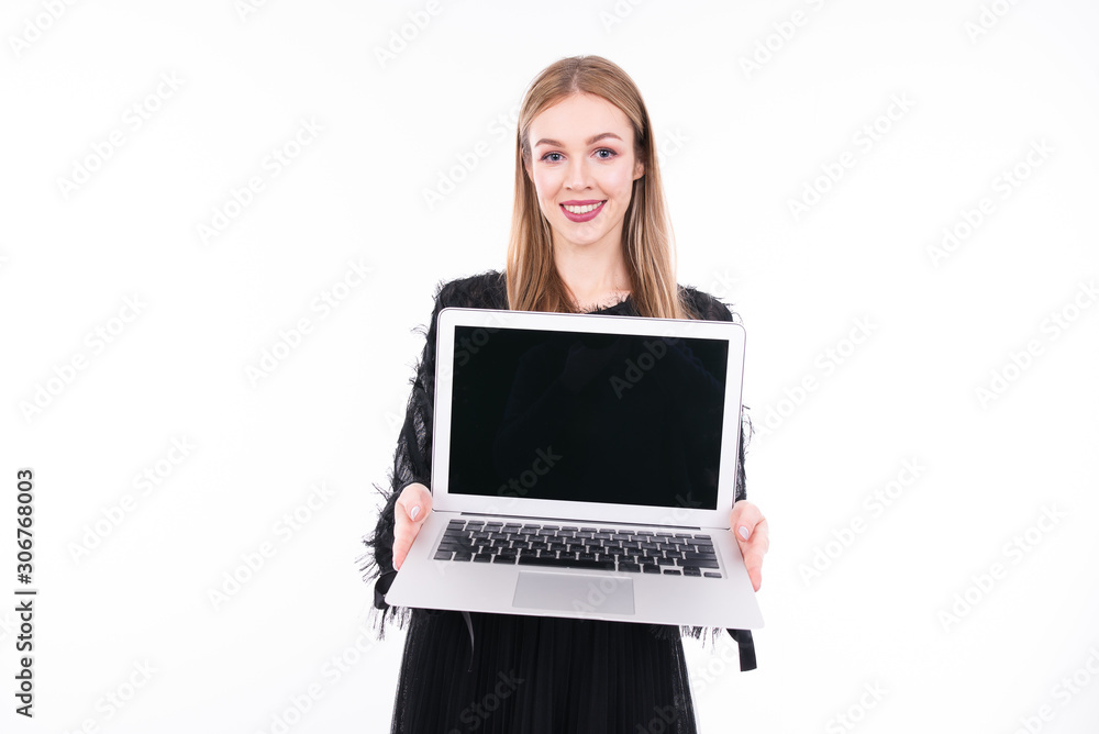 Girl with laptop.Mockup with notebook. Communication network. Laptop screen. Girl with laptop.Mockup with notebook. Communication network. Laptop screen.
