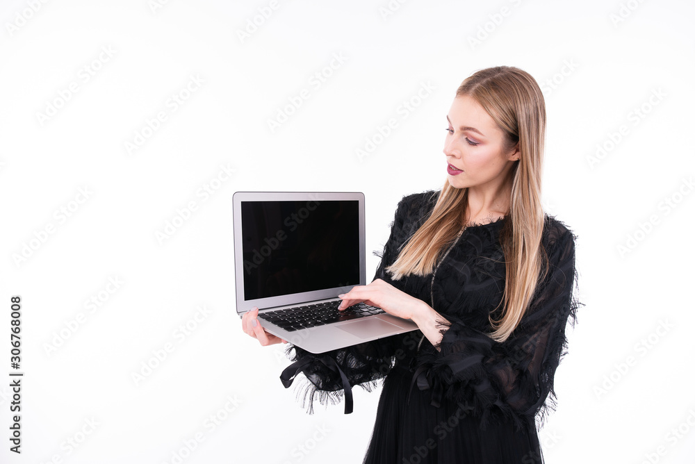 Girl with laptop.Mockup with notebook. Communication network. Laptop screen. Girl with laptop.Mockup with notebook. Communication network. Laptop screen.