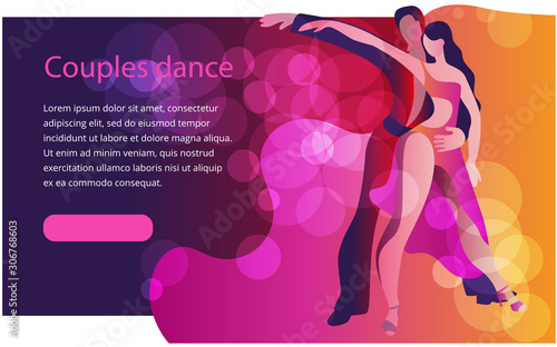 Beautiful couple dancing Latin American dance of Rumba. Banner or invitation template in bright colors.