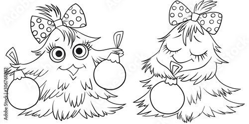 Cartoon Christmas tree with a grinning face. Cute green christmas tree with decorations, childish character with cheerful emotion. Vector illustration contour hand.