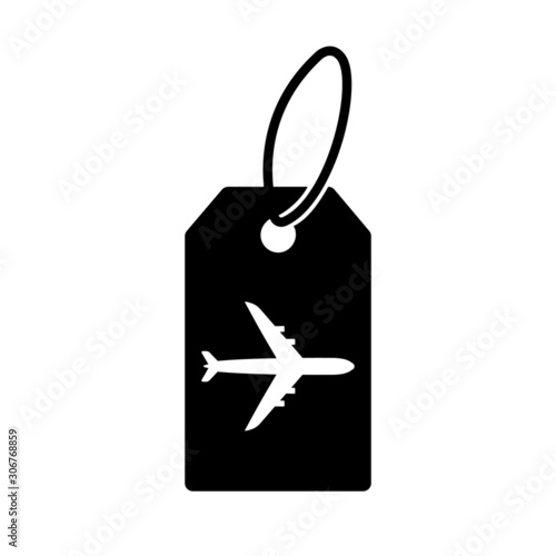 Air baggage tag icon. Flight tag for checked luggage with airplane sign. Vector Illustration
