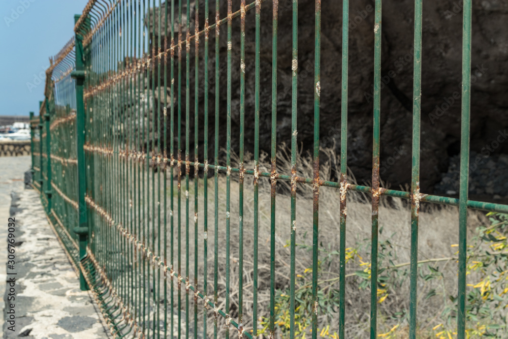 Wire mesh fence closeup photo. Green bush and huge cave in blurred background. Thin pillars. Decorative board front of garden. Building construction. Holding home safety. Property protection Wire mesh fence closeup photo. Green bush and huge cave in blurred background. Thin pillars. Decorative board front of garden. Building construction. Holding home safety. Property protection