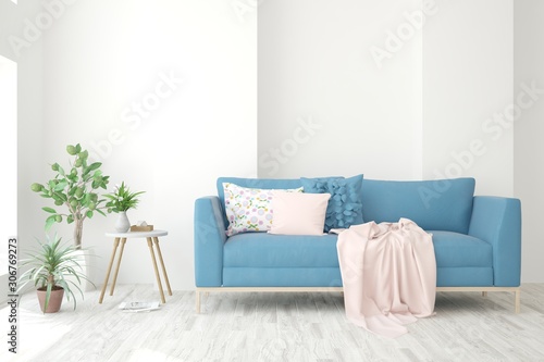 Stylish room in white color with sofa. Scandinavian interior design. 3D illustration