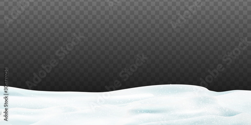 Snowy landscape with snow-covered hills isolated on dark transparent background. Vector illustration of winter decoration. Snow background. Snow hills background. Snowdrift design element.