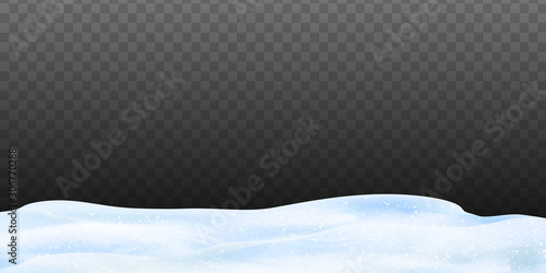Snowy landscape with snow-covered hills isolated on dark transparent background. Vector illustration of winter decoration. Snow background. Snow hills background. Snowdrift design element.