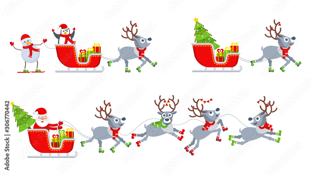 Santa Claus, penguin and snowman on a reindeer harness. Sled with gifts Santa Claus, penguin and snowman on a reindeer harness. Sled with gifts