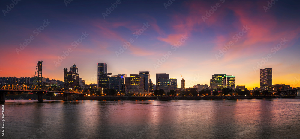 Portland city skyline during early night, in Oregon, USA