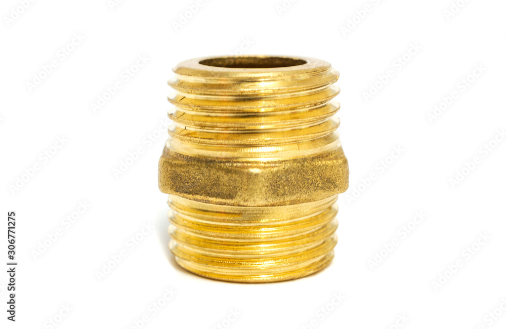 Brass fitting is often used for water and gas installations on white background Brass fitting is often used for water and gas installations on white background