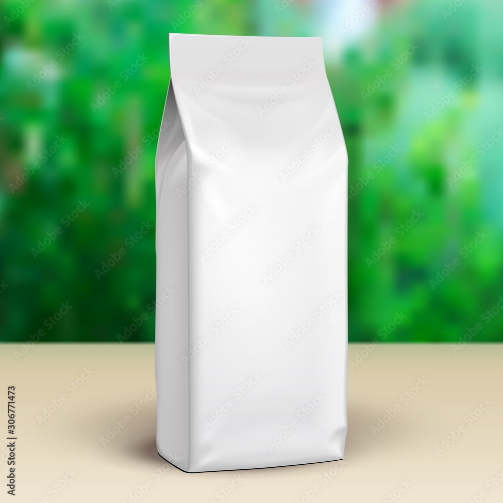 Mockup Blank Stand Up Pouch Snack Sachet Bag. Mock Up, Template. Green Summer Garden Background. Ready For Your Design. Product Packaging. Vector EPS10 Mockup Blank Stand Up Pouch Snack Sachet Bag. Mock Up, Template. Green Summer Garden Background. Ready For Your Design. Product Packaging. Vector EPS10