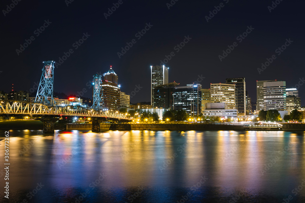 Portland city night skyline during a calm weather, in Oregon, USA