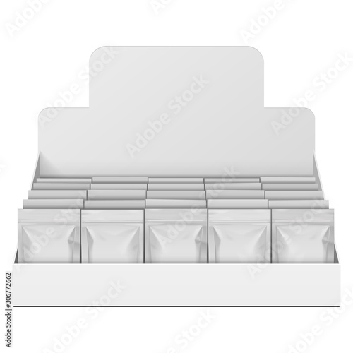 Mockup Display Holder Box Cardboard Filled Blank With Package, Gift, Square Pack. Vitamins, Cosmetic, Perfume, Chocolate. Mock Up, Template. Products On White Background Isolated. Mockup Packing.