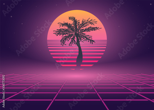 80s retro neon landscape with palm tree