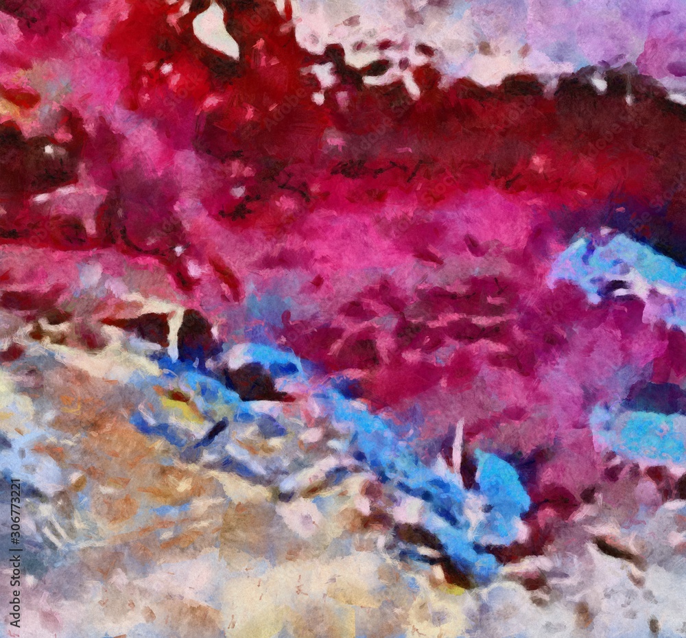 Fototapeta premium Close up oil paint abstract background. Art textured brushstrokes in macro. Part of painting. Old style artwork. Dirty watercolor texture. Modern pattern. Chaotic splashes. Multi-colors design.