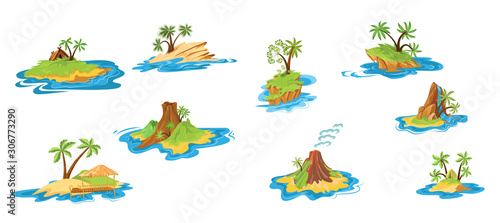 Set of different scenes of islands with huts, tropical trees, mountains, volcano, and waterfall. Vector illustration in flat cartoon style.