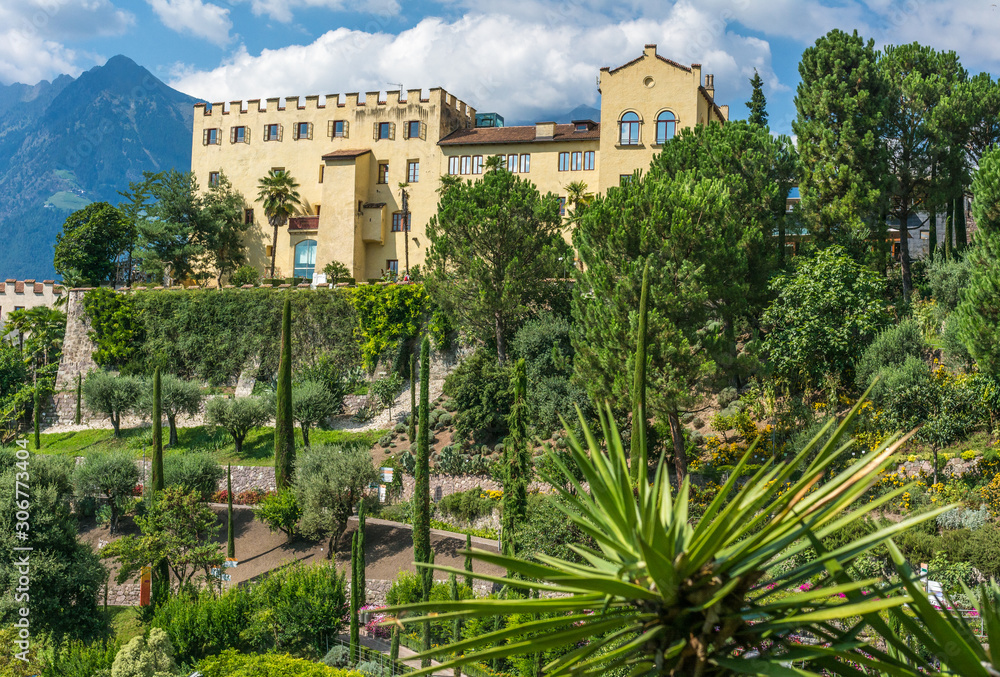 Botanical gardens with view of Trauttmansdorff Castle - Meran, Trentino Alto Adige, northern Italy, august 2019.