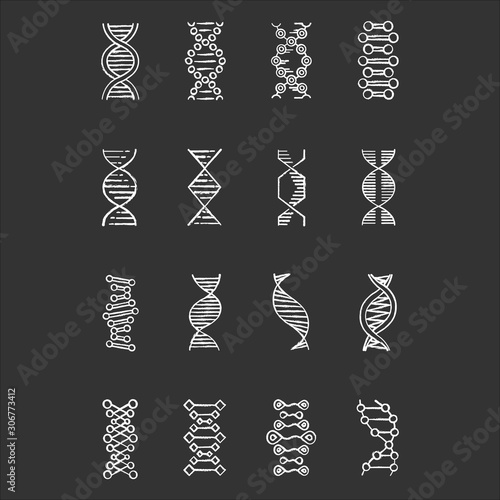 DNA helix chalk icons set. Deoxyribonucleic, nucleic acid structure. Spiraling strand. Chromosome. Molecular biology. Genetic code. Genome. Genetics. Medicine. Isolated vector chalkboard illustrations