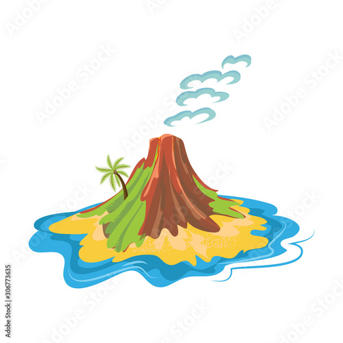 Volcano on the tropical small desert island with smoke and palm tree. Vector illustration in flat cartoon style.