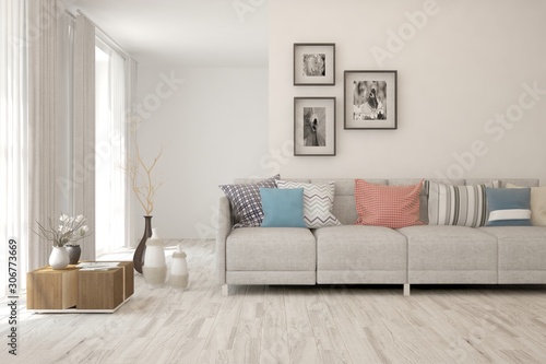 Stylish room in white color with sofa. Scandinavian interior design. 3D illustration © AntonSh