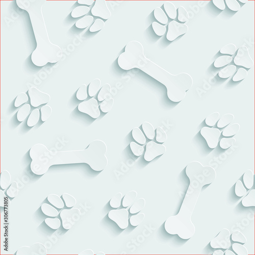 A lot of dog's paw prints and bones on light gray background. Neutral seamless pattern with 3D cute paper effect. Vector EPS10.