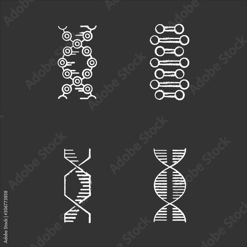 DNA spiral chains chalk icons set. Deoxyribonucleic  nucleic acid helix. Spiraling strands. Chromosome. Molecular biology. Genetic code. Genetics. Medicine. Isolated vector chalkboard illustrations