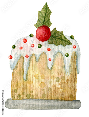 New Year or Christmas holidays elements on white background. Isolated elements with clipping path hand drawn watercolor illustration