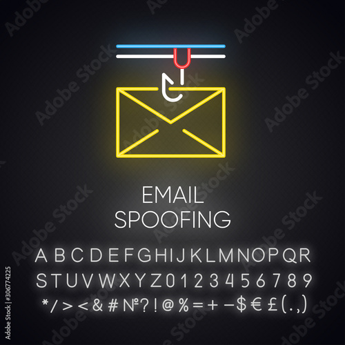 Email spoofing neon light icon. Illegitimate business. Forged sender. Online scam. Spamming. Mail phishing. Cybercrime. Glowing sign with alphabet, numbers and symbols. Vector isolated illustration