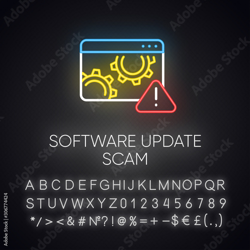 Software update scam neon light icon. Fake system, program upgrade. Malware. Deceptive pop-up ad. Financial fraud. Glowing sign with alphabet, numbers and symbols. Vector isolated illustration