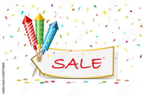 Silvester-Raketen SALE, Feuerwerkskörper, Konfetti, Partyzubehör,  Vektor Illustration isoliert auf weißem Hintergrund