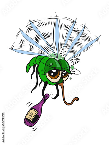 A drunk mosquito with a bottle. Cartoon style. Vector illustration