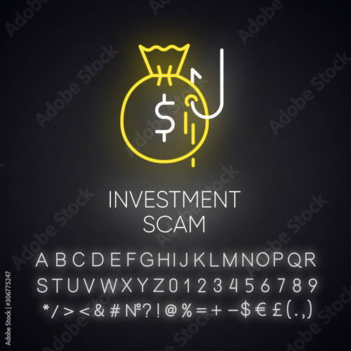 Investment scam neon light icon. Ponzi, pyramid scheme. Financial fraud. Illegal money gain. Cybercrime. Phishing. Glowing sign with alphabet, numbers and symbols. Vector isolated illustration
