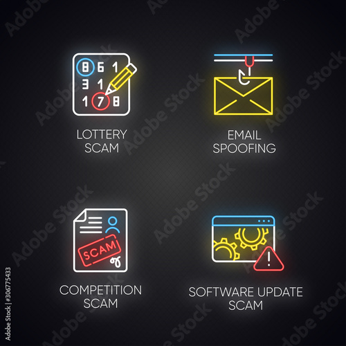 Scam types neon light icons set. Lottery, competition fraudulent scheme. Email spoofing. Software update trick. Malware. Cybercrime. Illegal money gain. Glowing signs. Vector isolated illustrations