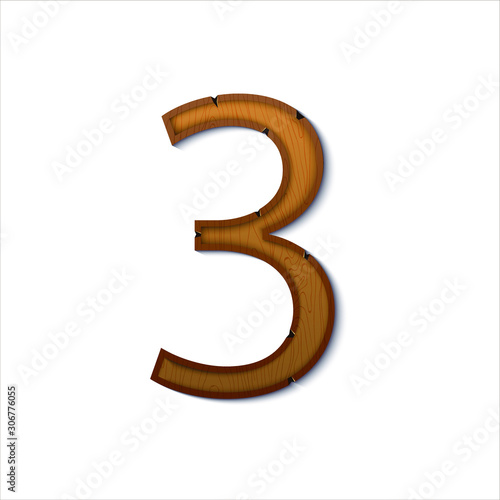 Wooden vector number. Number three, such as decorative figure for website, game,mobile application or kids book.