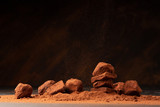 Chocolate truffles in cocoa on table on dark background. Copy space