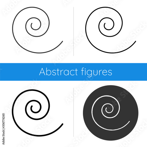 Spiral icon. Curved line. Black swirl. Waved stroke. Minimalistic tattoo. Simple geometric figure. Rotation sign. Abstract shape. Flat design, linear and color styles. Isolated vector illustrations