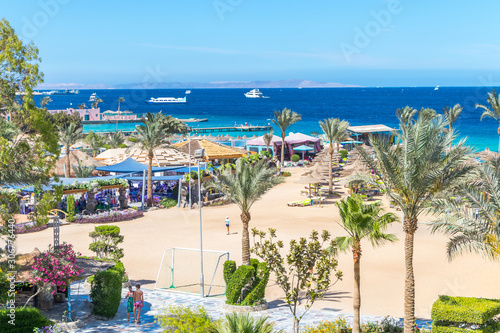 Hurghada, Egypt - April 17, 2019: beach football field on a nice sunny day at the Red Sea in Hurghada, Egypt