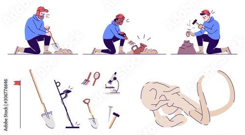 Archeology flat vector illustrations set. Archeological excavations. Equipment, historical artifacts, men, woman at work isolated cartoon characters with outline elements on white background