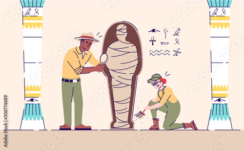Scientists exploring mummy flat vector illustration. Archeological excavations working process. Mysteries of past studies. Man and woman analyzing egyptian artifact cartoon characters