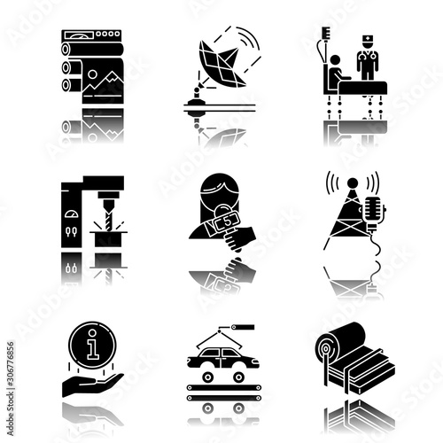 Industry types drop shadow black glyph icons set. Publishing, telecommunication, healthcare, steel production, news and media, broadcasting, info center, automotive induatry. Isolated illustrations